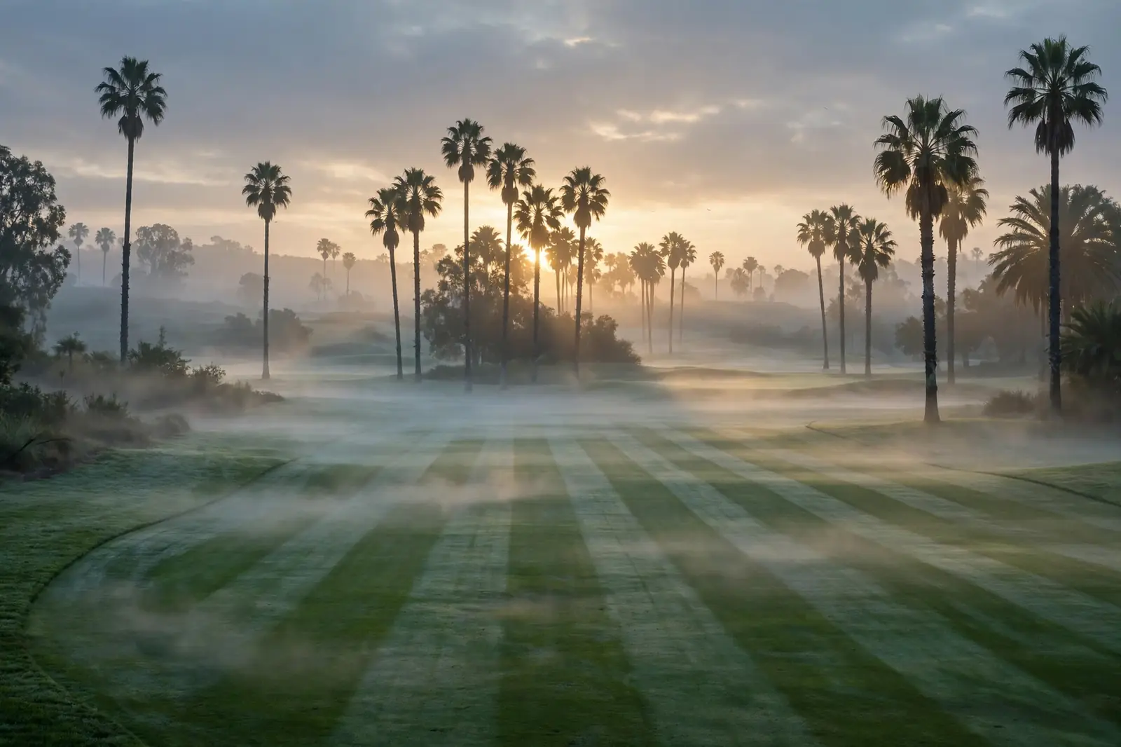 Manicured golf course fairway at dawn