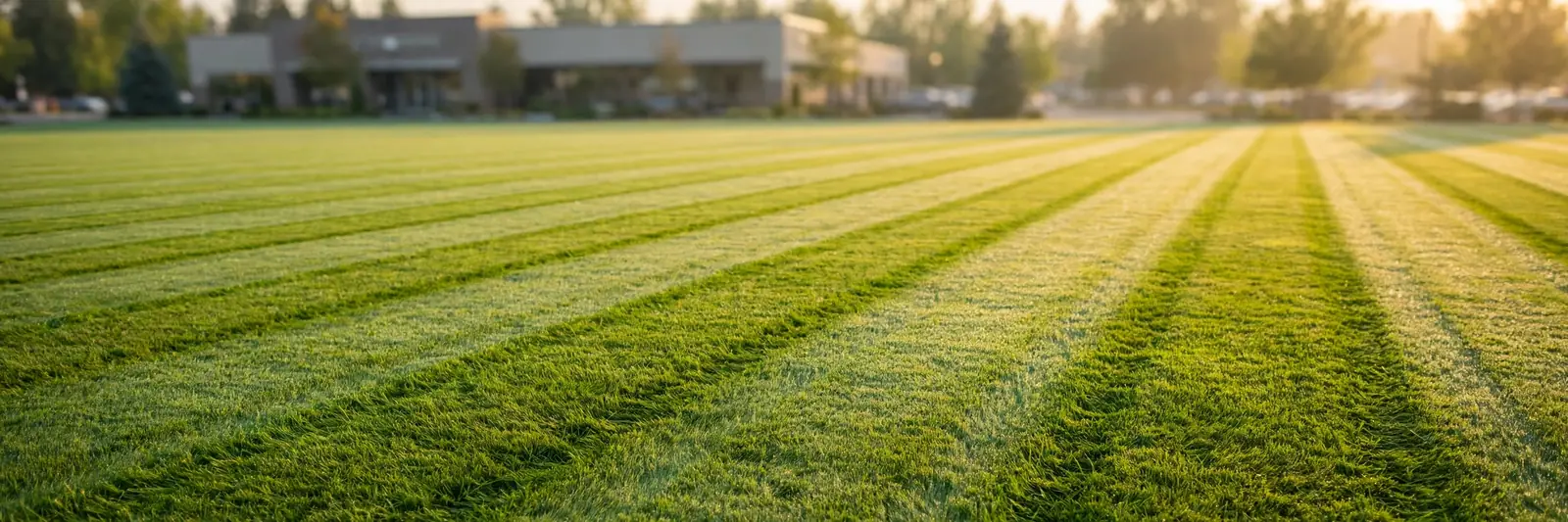 Freshly striped commercial lawn in golden morning light