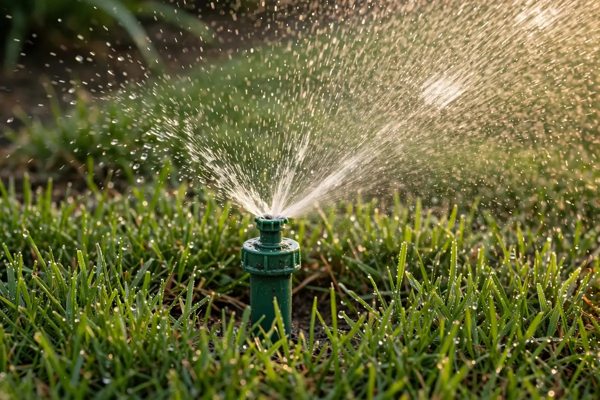 Irrigation sprinkler watering green turf
